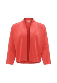 Cardigan ouvert de couleur corail. Fabriqué en tissu doux, il possède des manches larges et une coupe décontractée sans matériel ou motifs visibles.