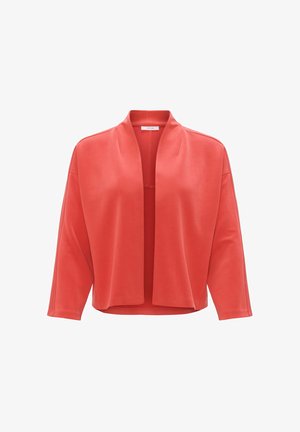 Coral-colored, open front cardigan. Made of soft fabric, features wide sleeves and a relaxed fit with no visible hardware or patterns.