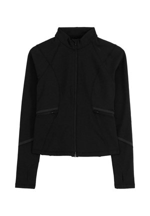 Czarna sportowa kurtka z wysokim kołnierzem, zamek błyskawiczny i subtelnymi detalami szwów. Wykonana z miękkiego, elastycznego materiału z bocznymi kieszeniami.