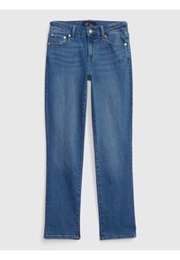 Blå denimjeans med rak ben-design, femfickor, knappstängning och subtila blekningsdetaljer på tyget.