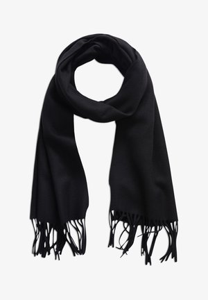 Sort tørklæde lavet af blødt stof, med et enkelt design og frynser i enderne. Teksturen ser glat og let ud.