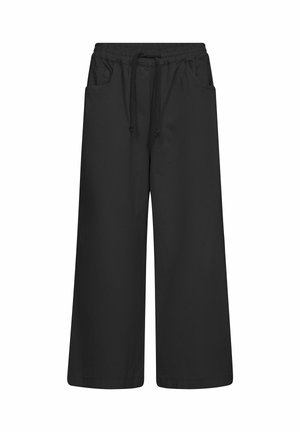 Mustad laia säärega püksid elastse vöökohaga ja paeltega, millel on esimesed taskud ning lahtine, mugav lõige.