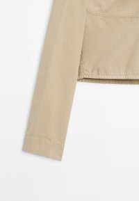 Long beige jacket sleeve with visible stitching and hem, shown against a plain white background.