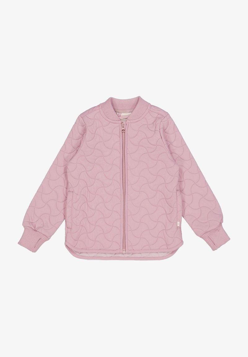 Veste matelassée rose clair avec col côtelé, fermeture éclair intégrale et motif en vagues. Comprend des poignets côtelés et un ourlet droit.