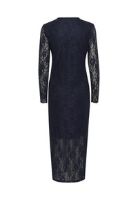 Navy blue lace dress with long sleeves, featuring a form-fitting design and a knee-length hem. Textured lace pattern throughout.