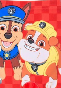 Two smiling animated dogs wearing blue police and yellow construction hats with badges on a red checkered background.