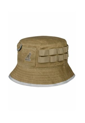 Khaki bucket hat with a wide brim, made of fabric. Features a kangaroo logo, adjustable straps, and a reflective silver edge.