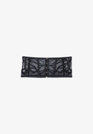 Black lace corset with a structured design, featuring hook closures and a mid-length shape. The lace has a floral pattern and a smooth lining.