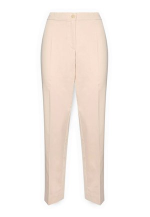 Pantaloni beige su misura con vita alta, chiusura frontale con bottone e taglio a gamba dritta, mostrati su sfondo bianco.