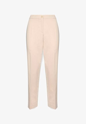 Pantaloni beige su misura con vita alta, chiusura frontale con bottone e taglio a gamba dritta, mostrati su sfondo bianco.