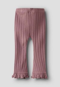Prążkowane legginsy w miękkim odcieniu mauve z elastycznym pasem i falbaniastym wykończeniem. Wykonane z tkaniny o fakturze z pionowymi liniami.