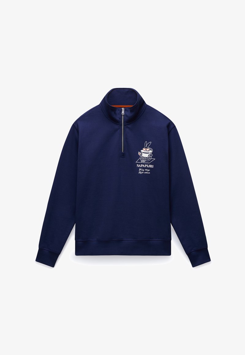 Φούτερ σε ναυτικό μπλε χρώμα με ψηλό γιακά, κλείσιμο με φερμουάρ στο μισό μήκος και γραφικό σχέδιο στο στήθος που απεικονίζει ένα λαγουδάκι και κείμενο. Απαλή υφή.