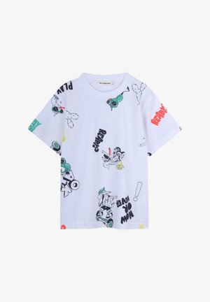 T-shirt blanc à manches courtes avec un mélange de graphismes de dessins animés colorés et noirs ainsi que du texte, doté d'une coupe décontractée et d'un tissu en coton doux.
