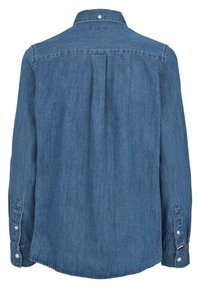 Denim shirt featuring a back pleat, button-down collar, and long sleeves with buttoned cuffs. Uniform blue color and smooth texture.