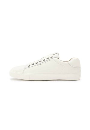 White leather sneakers with a smooth texture, round toe, flat rubber sole, lace-up front, and metallic eyelets. Branding on the side.
