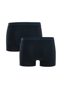 Tumši zili kokvilnas bokseršorti ar mīkstu jostu, gludu tekstūru un pieguļošu dizainu. Attēlā redzamas divas pāri.