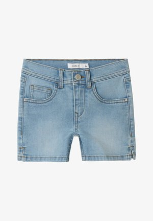 Shorts in denim bluastro con un classico design a cinque tasche, taglio dritto e una leggera scoloritura. Presentano una chiusura frontale con bottone e dettagli cuciti.