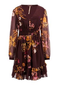 Robe florale avec un col en V plongeant, des manches longues en dentelle, une taille élastique et un ourlet à volants. Présente une base bordeaux foncé avec des fleurs jaunes et roses.