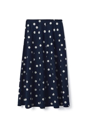 Falda midi azul marino con lunares blancos, silueta en línea A y plisados sutiles en la cintura.