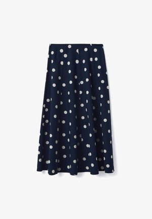 Gonna midi blu navy con pois bianchi, silhouette a linea A e pieghe sottili in vita.