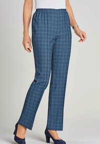 Blauwe geruite broek met een elastische tailleband, rechte pijpen en een zachte stofstructuur, gecombineerd met donkerblauwe hoge hakken.