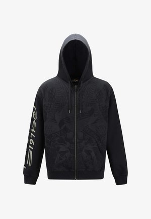 Czarny rozpinany hoodie z wzorem, z kapturem, długimi rękawami i bocznymi kieszeniami; zawiera graficzny tekst na jednym z rękawów.