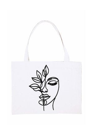 Borsa tote bianca con disegno a linee nere del volto di una donna parzialmente coperto da un ramo con foglie.