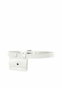 Ceinture en cuir blanc avec une pochette amovible, dotée d'une fermeture à pression et d'une boucle réglable. Texture lisse et design minimaliste.