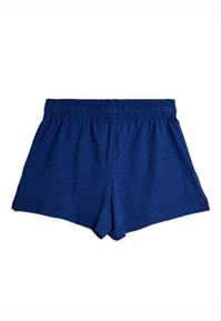 Pantalones cortos casuales de cintura elástica azul con un corte relajado, hechos de una tela suave y ligera, mostrados planos sobre un fondo blanco.