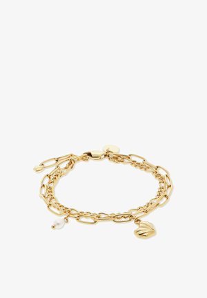 Bracelet chaîne en or à double rangée avec un petit pendentif perle blanche et un pendentif en forme de coquillage en or.