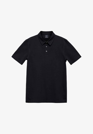 Černé polo triko vyrobené z prodyšné směsové bavlny. Má krátké rukávy, límeček, tříknoflíkovou légu a uvolněný střih.