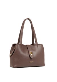 Sac à main en cuir texturé marron avec deux anses, un fermoir et un logo doré sur le devant. Forme compacte et structurée.