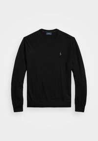 Pull noir à col rond en maille fine ; présente un petit logo brodé sur la poitrine ainsi que des poignets et un ourlet côtelés.