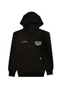 Černá mikina s kapucí vyrobená z měkké tkaniny, s přední kapsou, šňůrkami a vyšitým odznakem s nápisem "PAS DE MONACO."