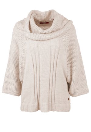 Kremowy sweter z dzianiny o szerokim prążkowanym wzorze, z teksturowanymi rękawami i luźnym kołnierzem w formie kominowego kaptura.