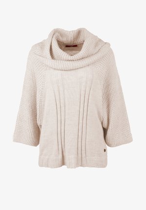 Crèmekleurige gebreide trui met een breed geribbeld patroon, gestructureerde mouwen en een losse col.