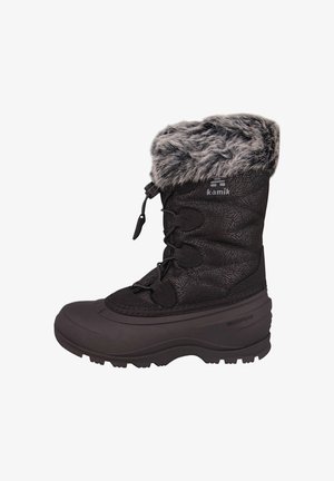 Schwarzer wasserdichter Winterstiefel mit gemustertem Stoff, Kunstpelzbesatz, Schnürung vorne und dicker profilierter Sohle, Marke "Kamik".