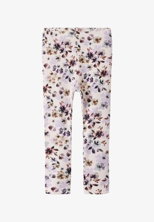 Children's cream leggings with a floral pattern in shades of purple, brown, and black, and an elastic waistband.