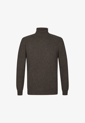 Dunkelbrauner, gerippter Rollkragenpullover mit langen Ärmeln und figurbetontem Design. Aus weichem Stoff gefertigt, mit hohem Kragen und minimalen Details.