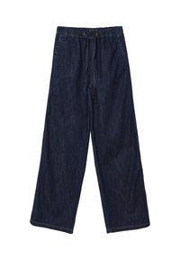Pantaloni a gamba larga in denim scuro, con fascia elastica in vita e coulisse, e cuciture a vista lungo le cuciture.