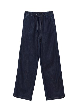 Pantaloni a gamba larga in denim scuro con vita elastica e coulisse. Dettagli di cucitura visibili, texture morbida e design a lunghezza intera.