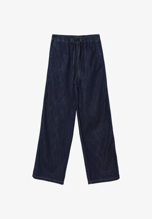 Dark denim wide-leg pants with an elastic waistband and drawstring. Visible stitching details, soft texture, and full-length design.