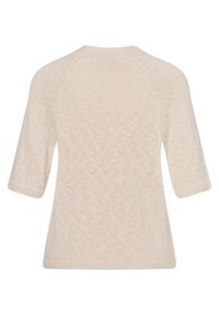 Strickpullover mit kurzen Ärmeln in hellem Beige, mit einem lockeren Schnitt und strukturiertem Muster. Verfügt über einen Rundhalsausschnitt und einen gerippten Saum.