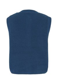 Blaues gestricktes Weste mit gerippter Textur, ärmellosem Design und rundem Halsausschnitt, mit gerader Unterkante ohne Verzierungen.