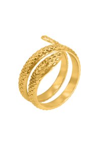 Bague serpent en or avec des détails de texture en écailles et un anneau plus lisse, design enroulé, finition brillante et un dessus ouvert.