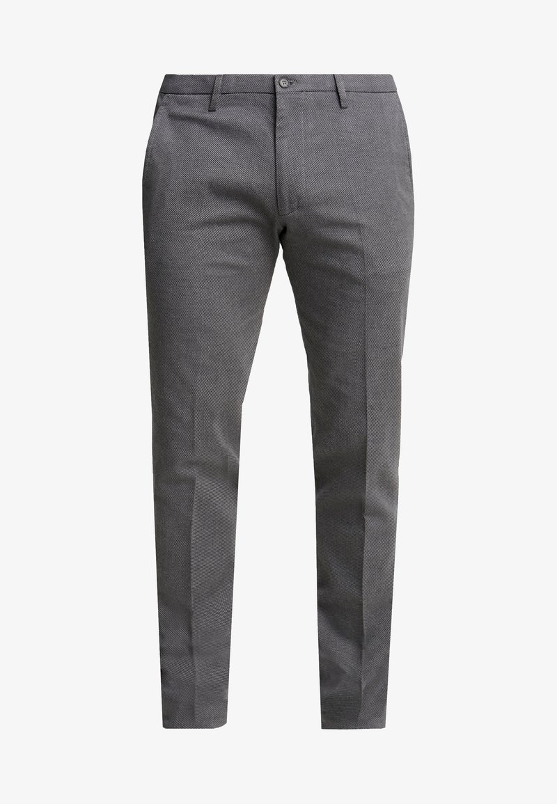 Pantalon habillé gris pour homme coupe slim avec passants pour ceinture, fermeture avant par boutons et poches latérales.