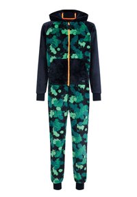 Mono con capucha en navy oscuro con patrones abstractos en verde y azul. Tela suave y esponjosa con cremallera naranja y bolsillo frontal. Puños ajustados.