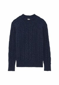 Pull en maille bleu marine avec un motif en câble, des poignets côtelés et un col côtelé. Fabriqué dans un tissu texturé avec une coupe décontractée.