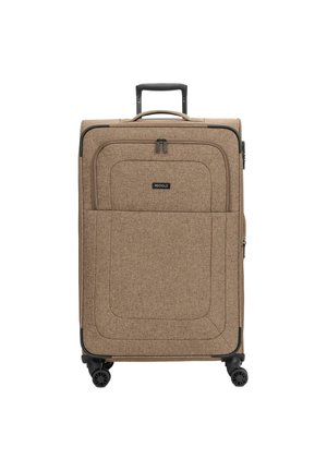 Valigia verticale in tessuto marrone con manico telescopico, tasca frontale con cerniera, quattro ruote rotanti e logo "REDOLZ" sulla parte anteriore.