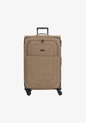 Maleta vertical de tela marrón con asa telescópica, bolsillo frontal con cremallera, cuatro ruedas giratorias y logo "REDOLZ" en la parte delantera.